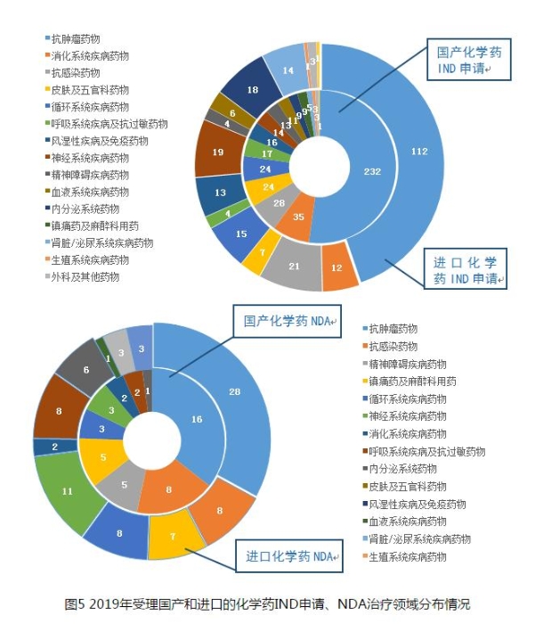 圖5 2019年受理國產和進口的化學藥IND申請、NDA治療領域分布情況