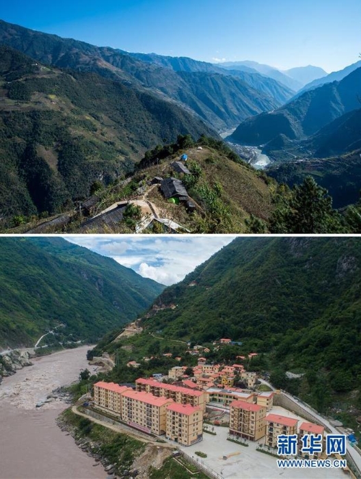 拼版照片：上圖是云南福貢縣匹河鄉托坪村一景（2016年11月25日攝）；下圖是搬遷到怒江邊的托坪村五湖易地扶貧搬遷安置點新村（2019年6月25日攝，無人機照片）。 新華社記者 胡超 攝