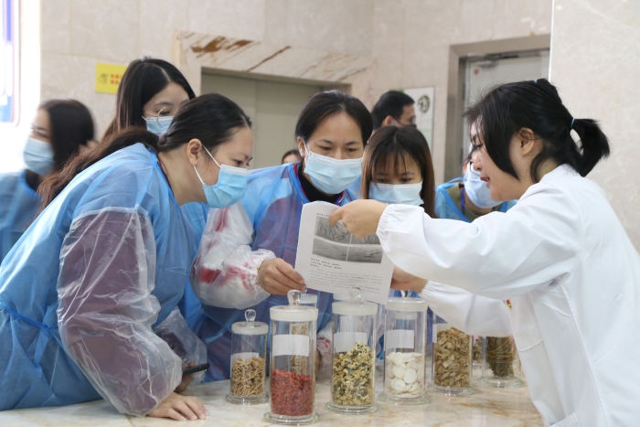 圖為工作人員為市民代表講解中藥材真偽鑒別知識。