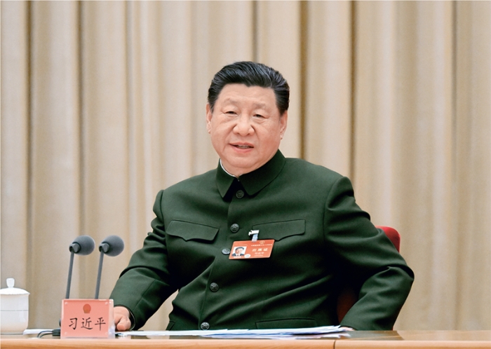 2024年3月7日下午，中共中央總書記、國家主席、中央軍委主席習近平出席十四屆全國人大二次會議解放軍和武警部隊代表團全體會議并發表重要講話。 新華社記者 李剛/攝